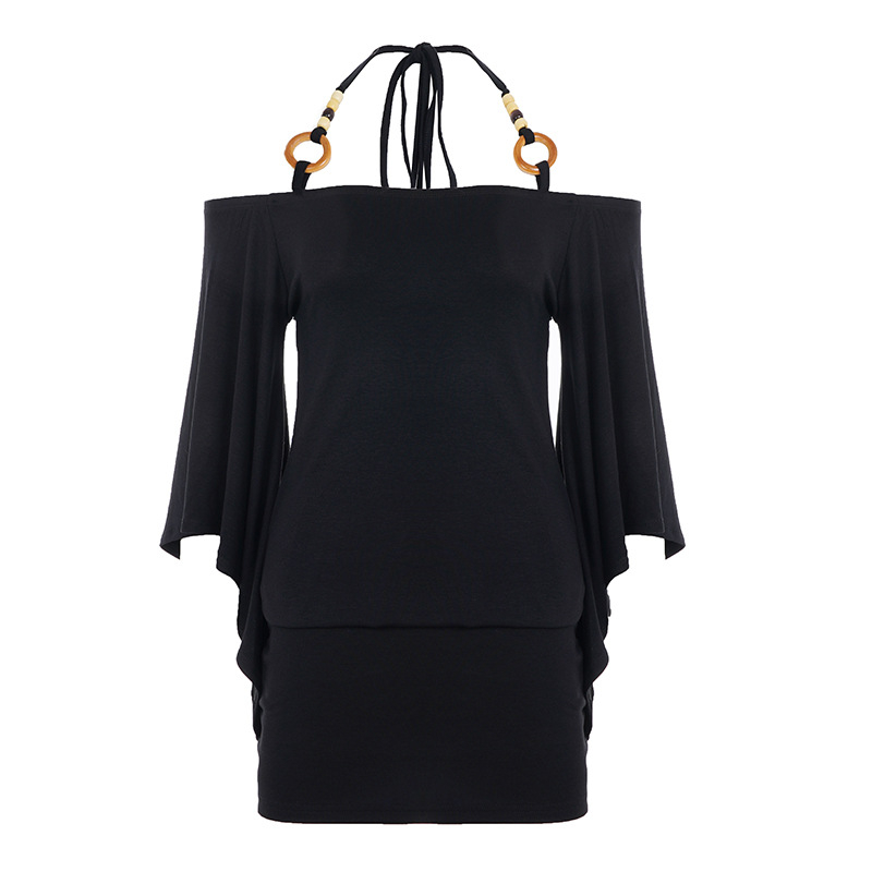 Top s jednim ramom, ukrašen perlicama i vezom halter, zvonasti rukavi, pleteni top, uski struk (dužina 50–65 cm)