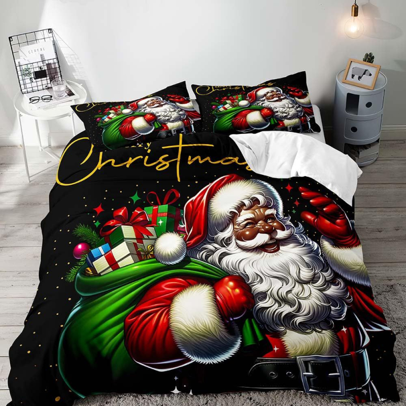 Комплект калъфи за завивка с печат на Черен Дядо Коледа – дигитален печат; химическо влакно; комплект от три части; персонализиране налично