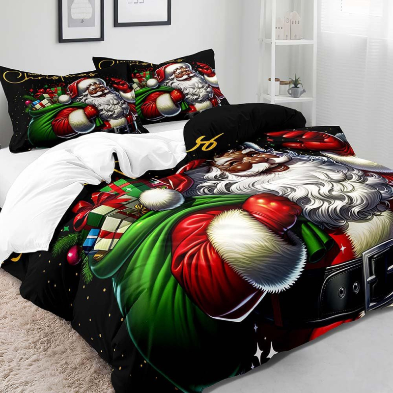 Комплект калъфи за завивка с печат на Черен Дядо Коледа – дигитален печат; химическо влакно; комплект от три части; персонализиране налично