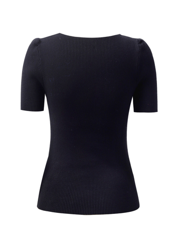 Kootud V-kaelusega lühikeste varrukatega top — slim fit, viskooskiududest kudum, pikkus 40–50 cm