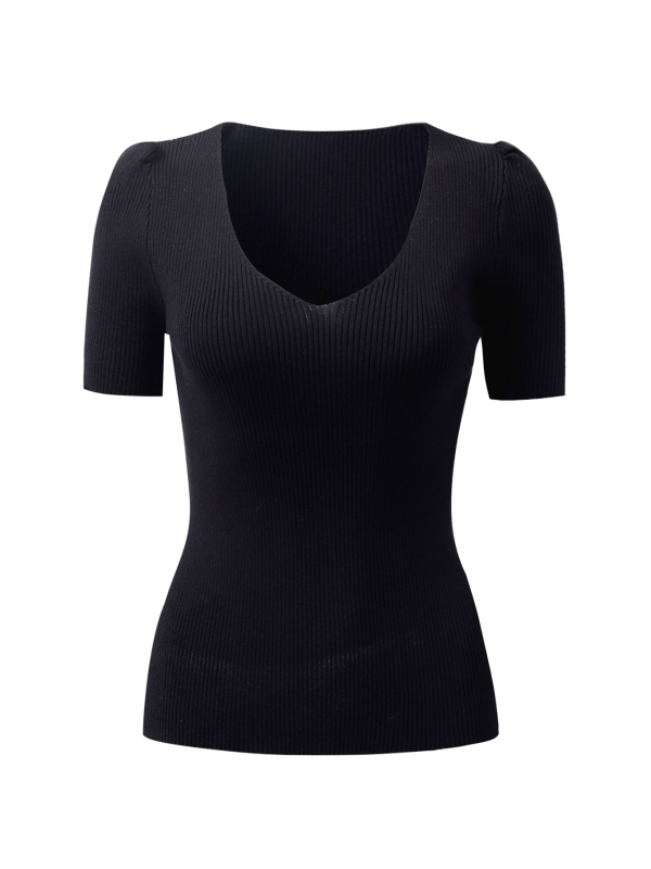 Kootud V-kaelusega lühikeste varrukatega top — slim fit, viskooskiududest kudum, pikkus 40–50 cm