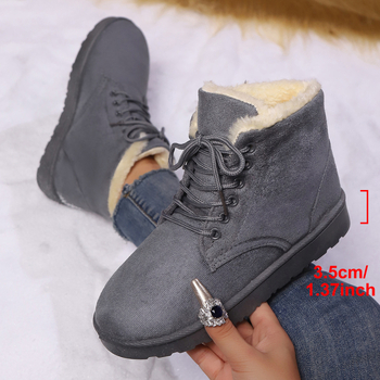 Дамски боти за глезен със суедова горна част, PU подметка, кръгла носка, нисък ток 1–3 см, текстилна стелка, подплата от изкуствен къс пух, слип-он