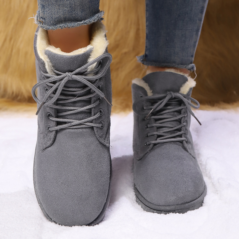 Дамски боти за глезен със суедова горна част, PU подметка, кръгла носка, нисък ток 1–3 см, текстилна стелка, подплата от изкуствен къс пух, слип-он