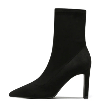 Женски ботуши до средния прасец с остър нос, без връзки, висок ток 6–8 см, изкуствен PU