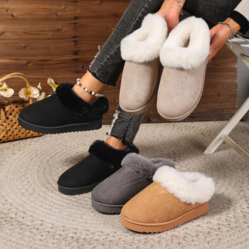 Női velúr slip-on papucs, mesterséges szőrrel bélelt talpbetéttel, alacsony profilú felső rész, kerek orr, PVC talp