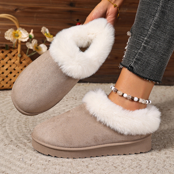 Női velúr slip-on papucs, mesterséges szőrrel bélelt talpbetéttel, alacsony profilú felső rész, kerek orr, PVC talp