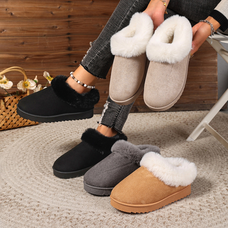 Női velúr slip-on papucs, mesterséges szőrrel bélelt talpbetéttel, alacsony profilú felső rész, kerek orr, PVC talp