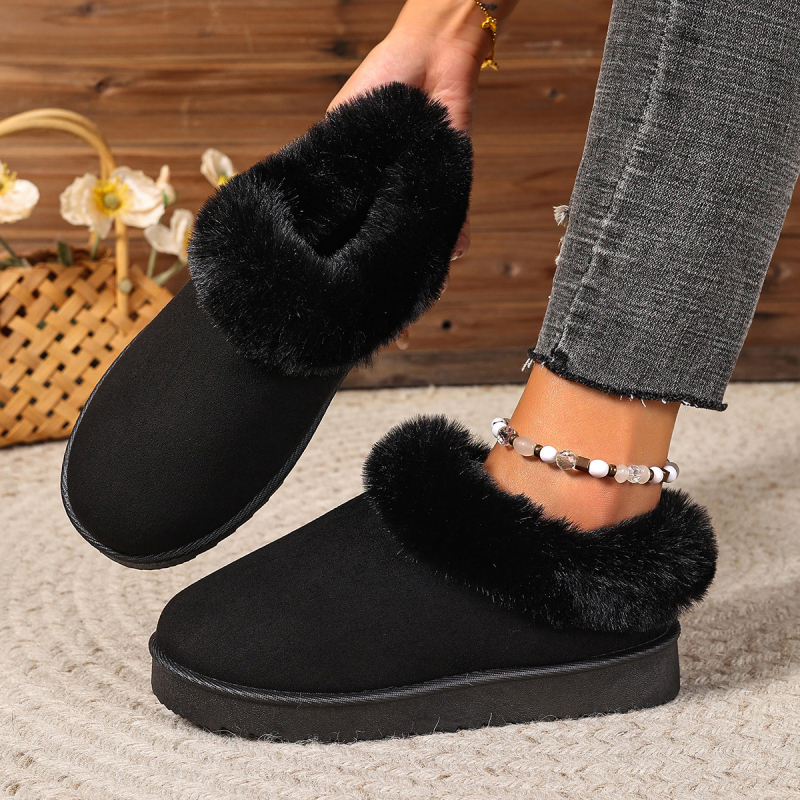 Női velúr slip-on papucs, mesterséges szőrrel bélelt talpbetéttel, alacsony profilú felső rész, kerek orr, PVC talp