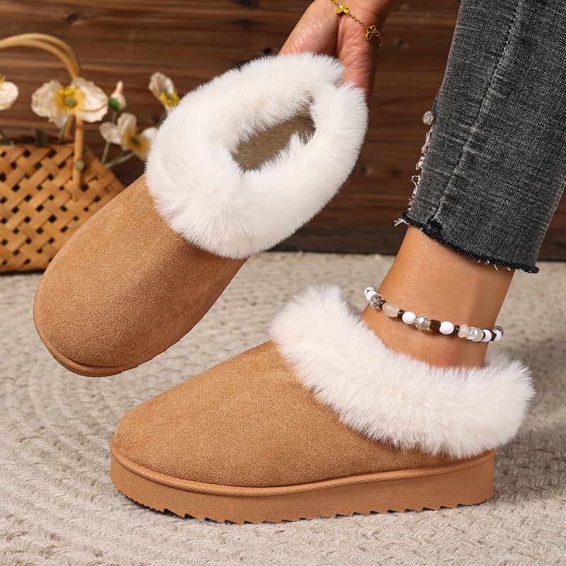 Női velúr slip-on papucs, mesterséges szőrrel bélelt talpbetéttel, alacsony profilú felső rész, kerek orr, PVC talp
