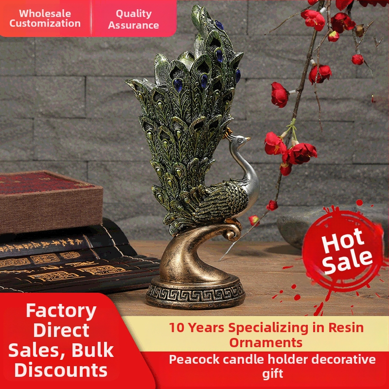 Svietnik s motívom páva, európsky antický štýl, zo živice, dekor do obývačky a na stôl v kancelárii
