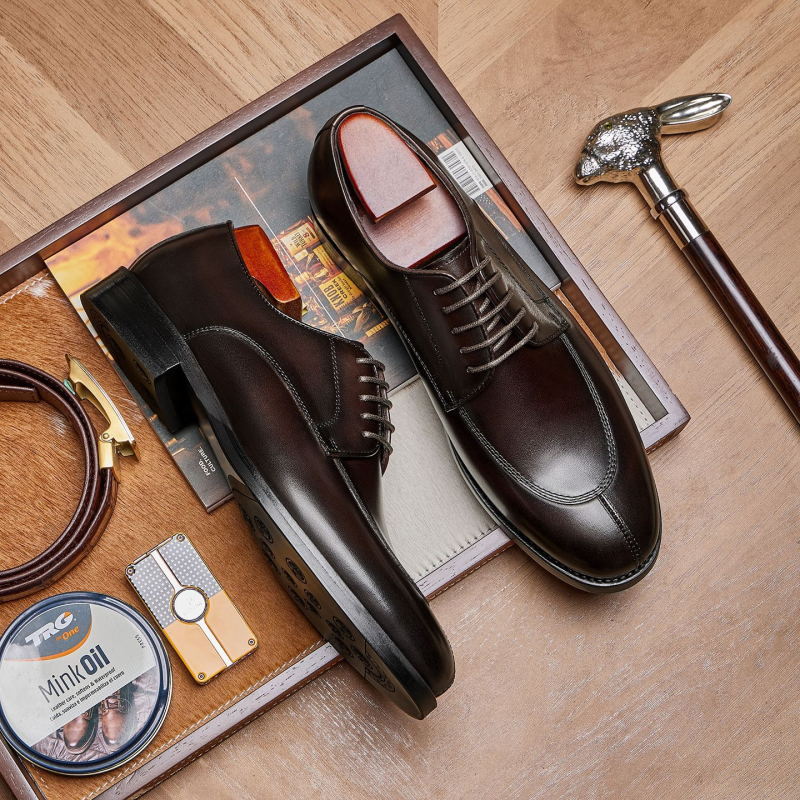Дерби обувки за мъже, горна част от топ-грейд кравешка кожа, гумена подметка, кръгъл нос, връзки