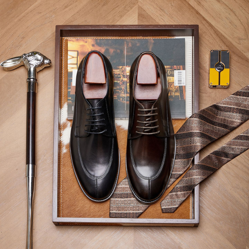 Дерби обувки за мъже, горна част от топ-грейд кравешка кожа, гумена подметка, кръгъл нос, връзки