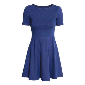 Rochie cu guler rotund, talie înaltă, fustă plisată neregulară, din amestec de bumbac cu elastan, mâneci scurte