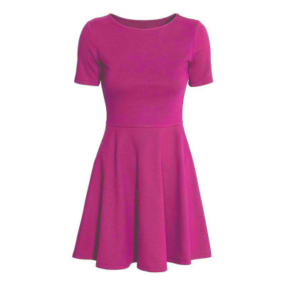 Rochie cu guler rotund, talie înaltă, fustă plisată neregulară, din amestec de bumbac cu elastan, mâneci scurte