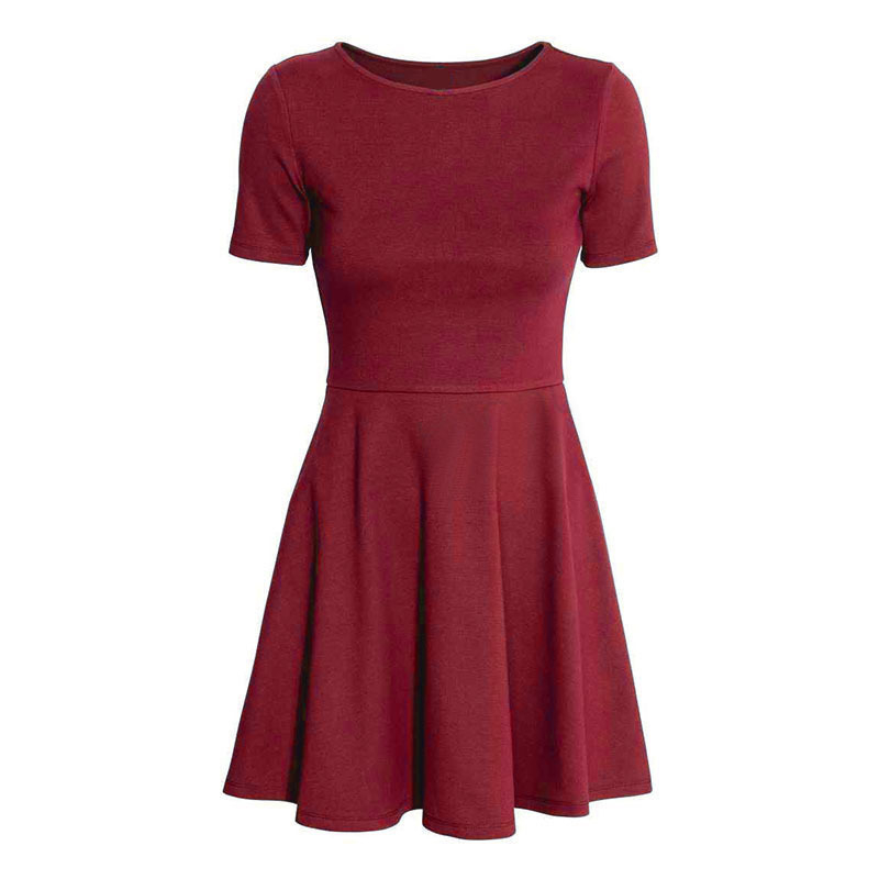 Rochie cu guler rotund, talie înaltă, fustă plisată neregulară, din amestec de bumbac cu elastan, mâneci scurte