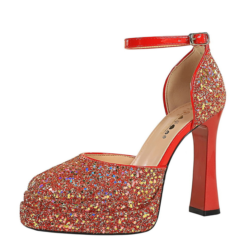 Egypántos flitteres szandál, kerek orr, 6-8 cm-es keskeny sarok, csat-zárás