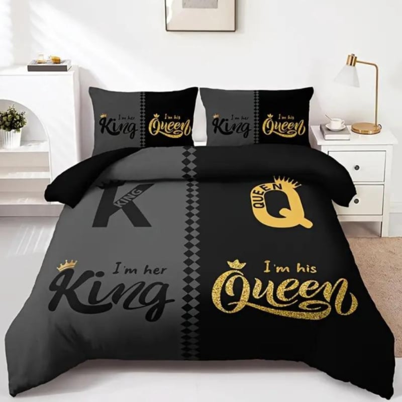 AOJI комплект завивка с принт на корона и буква, дигитален печат, 1000 g/m², химическо влакно, тричастен комплект за спалня, модерен минималистичен стил