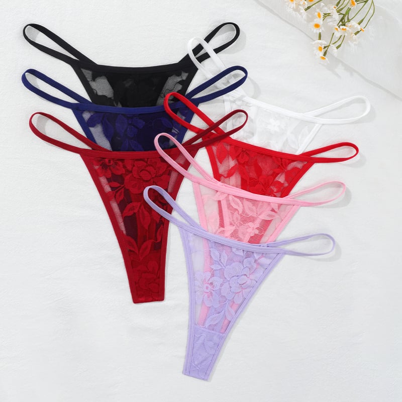 Dámske tangá z čipky s motívom rozbitých kvetov, priedušná pletená látka, hlavný materiál nylon, podšívka v rozkroku bavlna, nízky pás, značka Yasi, kód Q109