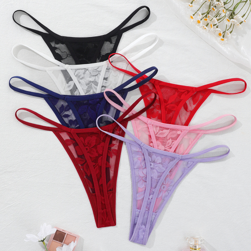 Dámske tangá z čipky s motívom rozbitých kvetov, priedušná pletená látka, hlavný materiál nylon, podšívka v rozkroku bavlna, nízky pás, značka Yasi, kód Q109