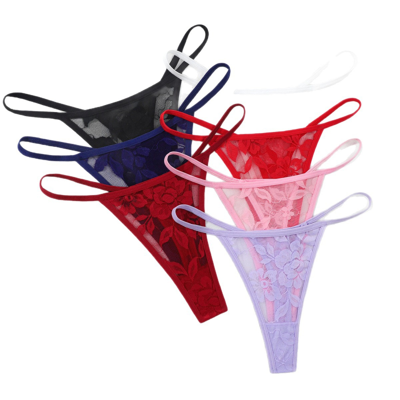 Dámske tangá z čipky s motívom rozbitých kvetov, priedušná pletená látka, hlavný materiál nylon, podšívka v rozkroku bavlna, nízky pás, značka Yasi, kód Q109