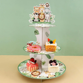 Trojposchodový stojan na tortu s motívom džungle zvierat pre detskú oslavu, jednorazový papierový stojan na dezerty