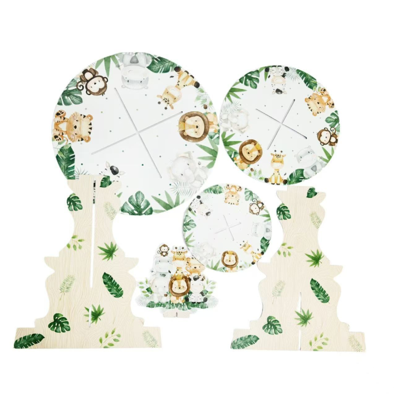 Trojposchodový stojan na tortu s motívom džungle zvierat pre detskú oslavu, jednorazový papierový stojan na dezerty