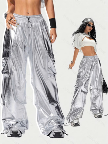 Ženske cargo hlače, visoki struk, široki kroj, poliester, mikroelastičnost