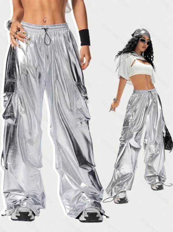 Ženske cargo hlače, visoki struk, široki kroj, poliester, mikroelastičnost