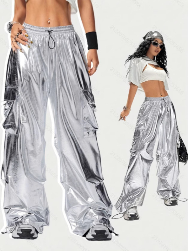 Ženske cargo hlače, visoki struk, široki kroj, poliester, mikroelastičnost