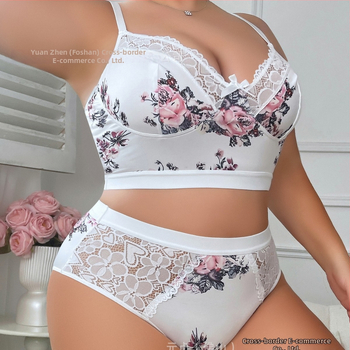 Set spodného prádlena s kvetinovým vzorom a krajkou, podprsenka s mašličkou, pohodlné a priedušné, Polyester 95% / Spandex, pre vek 18–40 rokov, vhodné pre všetky ročné obdobia