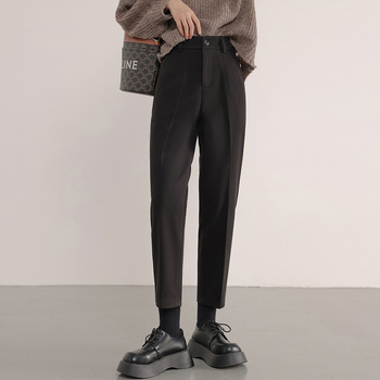 Ženske hlače od vunene mješavine, ravne do gležnja, japansko-korejski ležerni stil, slim fit, poliester 30–50%