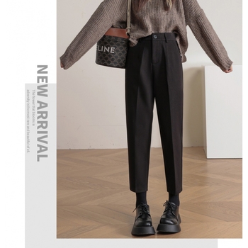 Ženske hlače od vunene mješavine, ravne do gležnja, japansko-korejski ležerni stil, slim fit, poliester 30–50%
