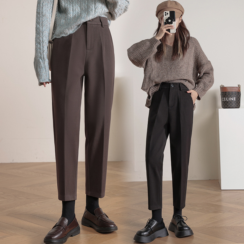 Ženske hlače od vunene mješavine, ravne do gležnja, japansko-korejski ležerni stil, slim fit, poliester 30–50%