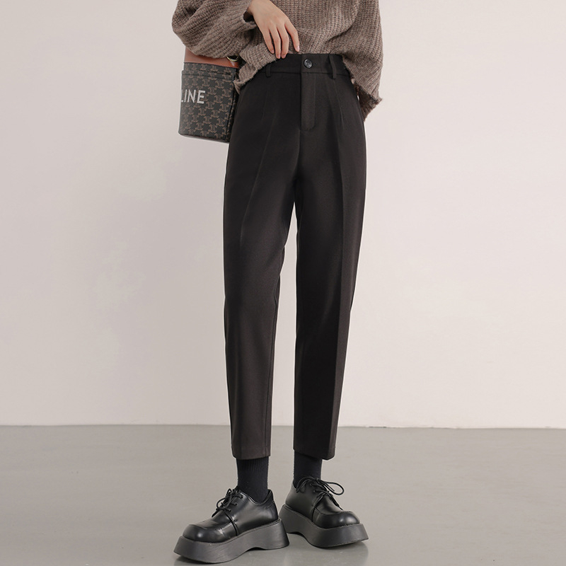 Ženske hlače od vunene mješavine, ravne do gležnja, japansko-korejski ležerni stil, slim fit, poliester 30–50%