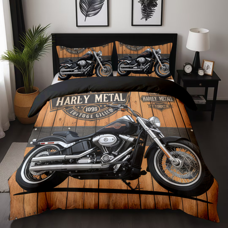 Трикомпонентен спален комплект с дигитален печат на мотоциклети, 90 g/m² химическо влакно, геометричен мотив, Nordic стил