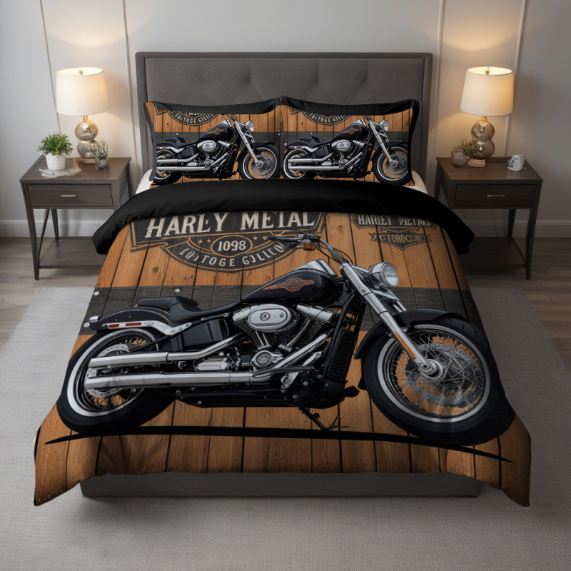 Трикомпонентен спален комплект с дигитален печат на мотоциклети, 90 g/m² химическо влакно, геометричен мотив, Nordic стил
