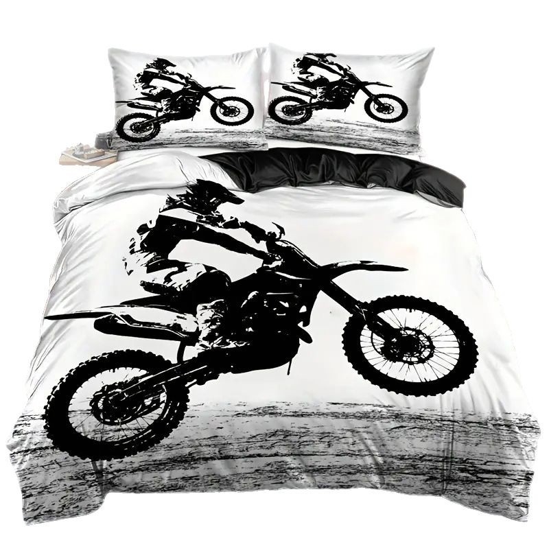 Трикомпонентен спален комплект с дигитален печат на мотоциклети, 90 g/m² химическо влакно, геометричен мотив, Nordic стил