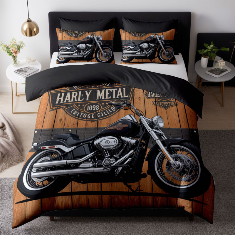 Трикомпонентен спален комплект с дигитален печат на мотоциклети, 90 g/m² химическо влакно, геометричен мотив, Nordic стил
