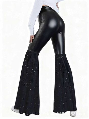 Pantaloni din PU piele artificială, croi clopot, lungi, talie elastică, cu blocuri de culoare