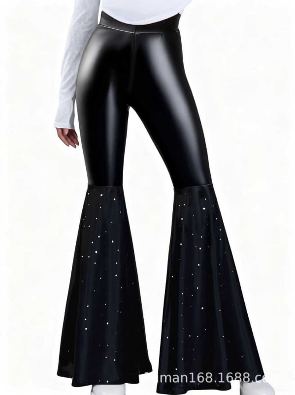 Pantaloni din PU piele artificială, croi clopot, lungi, talie elastică, cu blocuri de culoare