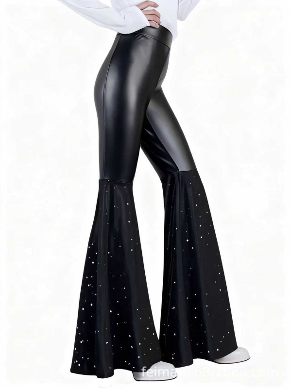 Pantaloni din PU piele artificială, croi clopot, lungi, talie elastică, cu blocuri de culoare