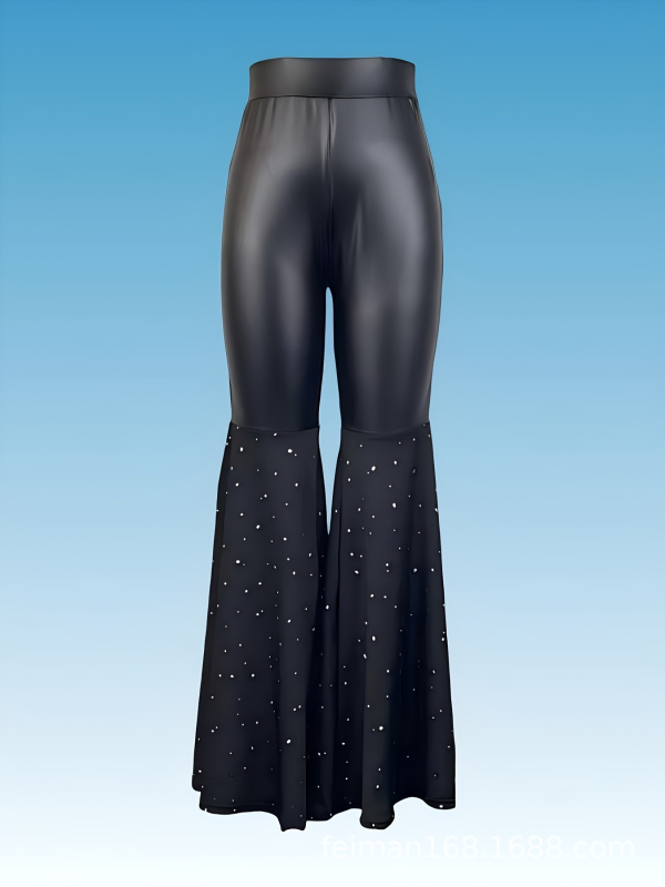 Pantaloni din PU piele artificială, croi clopot, lungi, talie elastică, cu blocuri de culoare