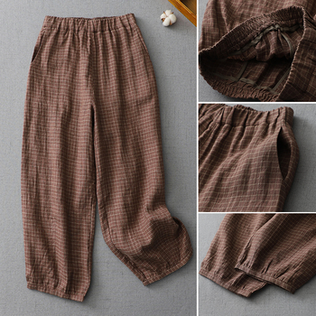 Γυναικείοι λινείς παντελόνες φαρδιάς γραμμής, μήκος μέχρι τον αστράγαλο, εκτυπωμένο βαμμένο σχέδιο, casual μετακίνηση