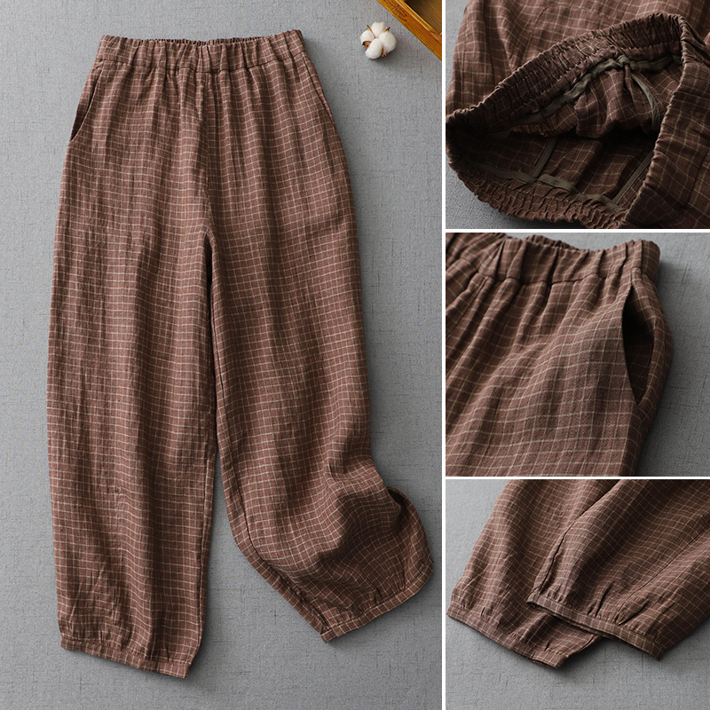 Γυναικείοι λινείς παντελόνες φαρδιάς γραμμής, μήκος μέχρι τον αστράγαλο, εκτυπωμένο βαμμένο σχέδιο, casual μετακίνηση