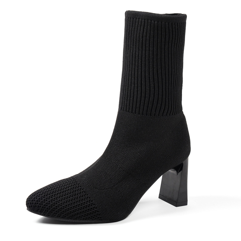 Női zoknis csizmák velúr felsőrésszel, vastag magas sarkú 6–8 cm, hegyes orr, PU talp