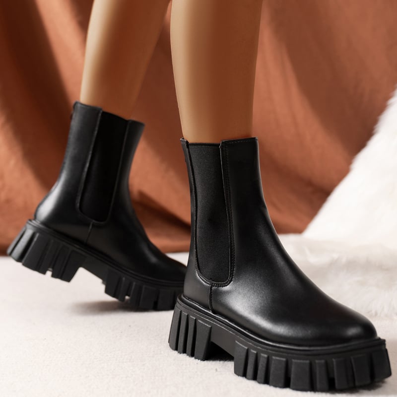 Női Martin csizma, brit stílusú, minimalist design, PU felső rész, kerek orr, középtok 3–5 cm, szintetikus gumi talp