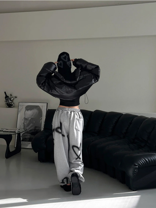 Γυναικείοι παντελόνες με σχέδιο καρδιάς, μέση με κορδόνι, φαρδιά γραμμή, πολυεστέρας, φθινοπωρο 2024, στυλ ιαπωνοκορεατικό casual