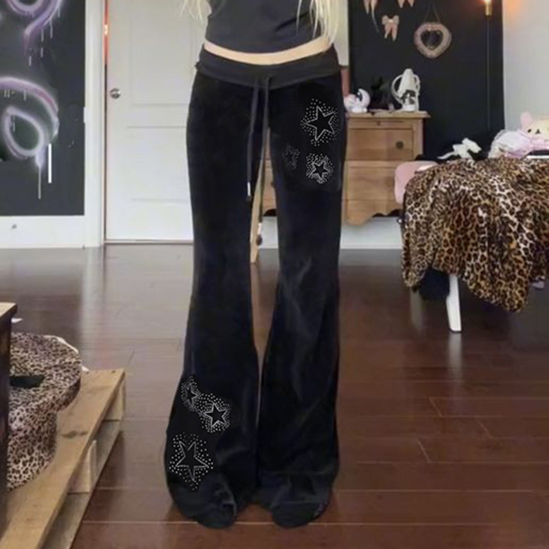 Baršunaste hlače s rhinestones, pojas s patchworkom i rebrima, elastični kaiš s vezicama, street hipster stil