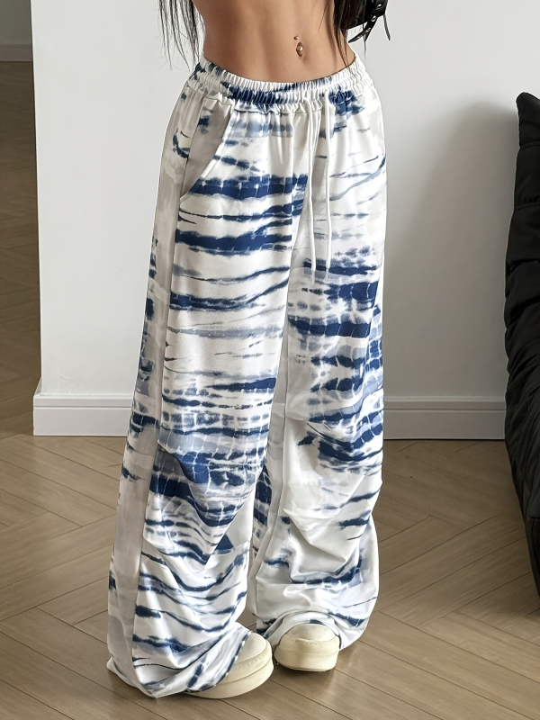 Pantaloni casual femei, imprimeu 3D digital tie-dye, ușor evazați, talie elastică, poliester (imprimeu 3D • ușor evazați • talie elastică • poliester)