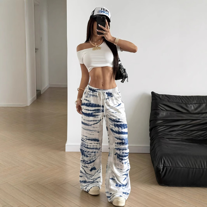 Pantaloni casual femei, imprimeu 3D digital tie-dye, ușor evazați, talie elastică, poliester (imprimeu 3D • ușor evazați • talie elastică • poliester)